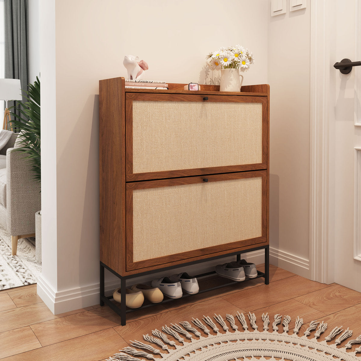 30 Pair Minimalist 31" Solid Oak Shoe Cabinet With 3 Drop-Down Drawers