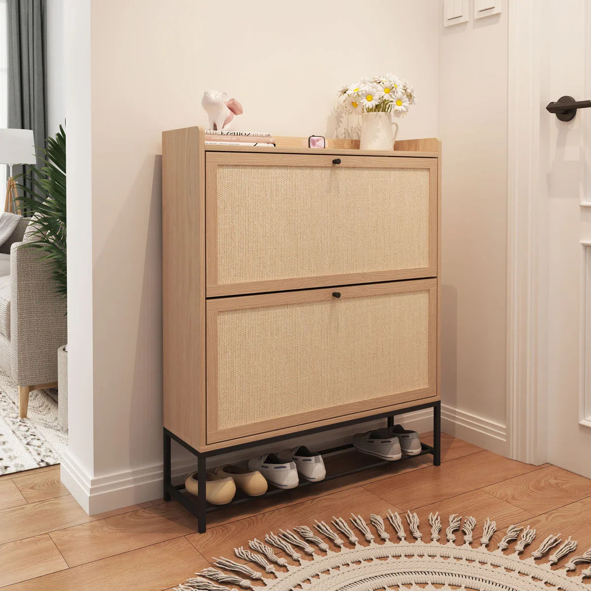 30 Pair Minimalist 31" Solid Oak Shoe Cabinet With 3 Drop-Down Drawers