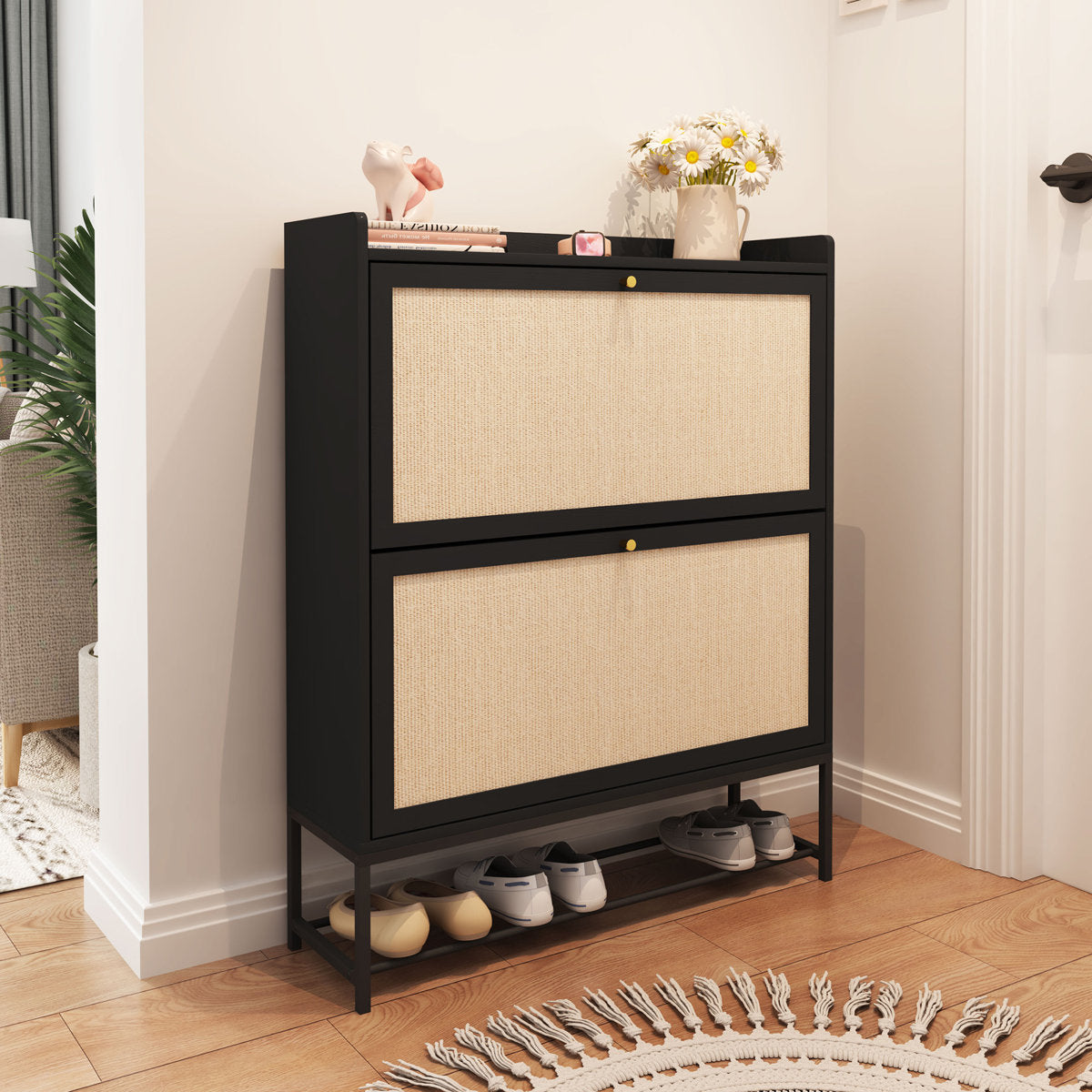 30 Pair Minimalist 31" Solid Oak Shoe Cabinet With 3 Drop-Down Drawers