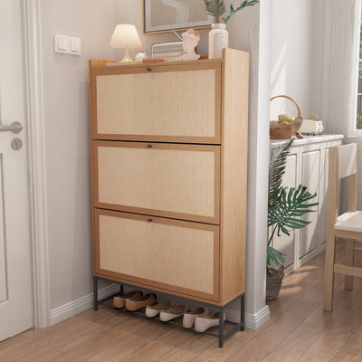 30 Pair Minimalist 31" Solid Oak Shoe Cabinet With 3 Drop-Down Drawers