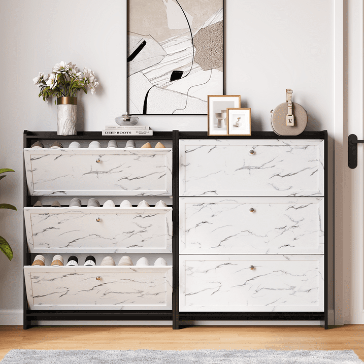 Modern 12 Pair 31" Marble Shoe Cabinet With 3 Flip Drawers