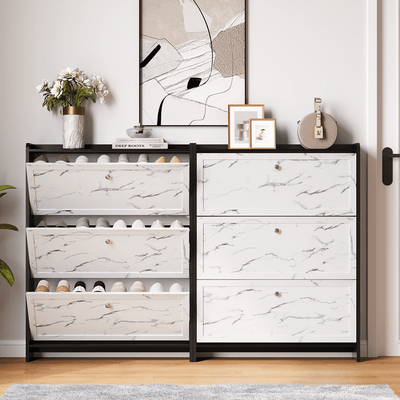 Modern 12 Pair 31" Marble Shoe Cabinet With 3 Flip Drawers
