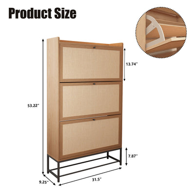 30 Pair Minimalist 31" Solid Oak Shoe Cabinet With 3 Drop-Down Drawers