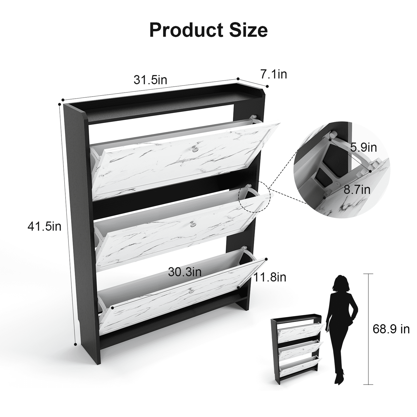 Modern 12 Pair 31" Marble Shoe Cabinet With 3 Flip Drawers