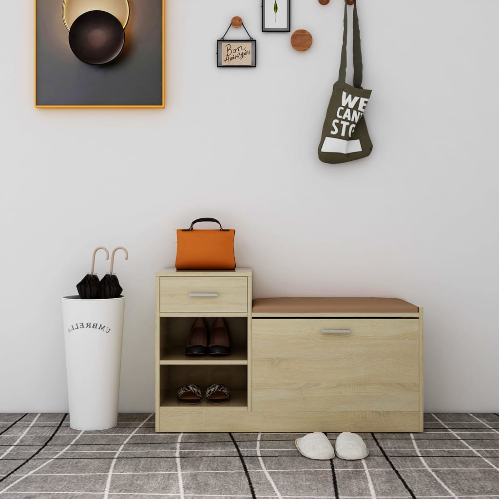 Shoe Bench White Oak & Leather Medium 4 Compartments