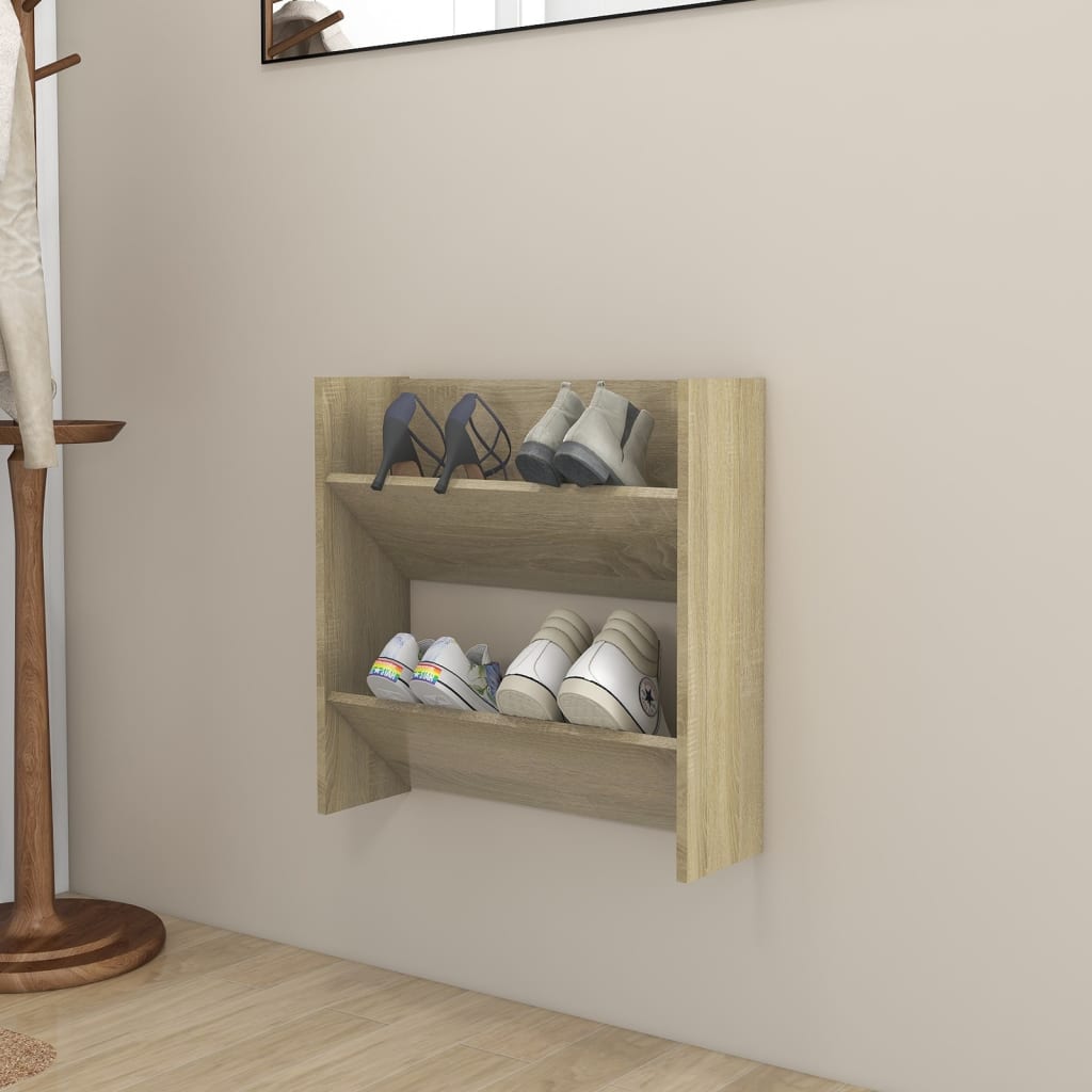 6 Pair Modern 23" Wall Mounted Pine Shoe Cabinet With 2 Tiers
