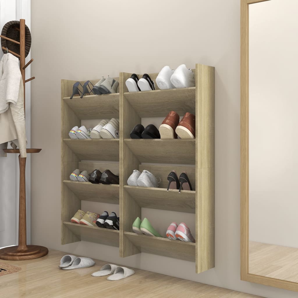 Set of 4 2 Pair Modern 23" Wall Mounted Wooden Shoe Cabinet