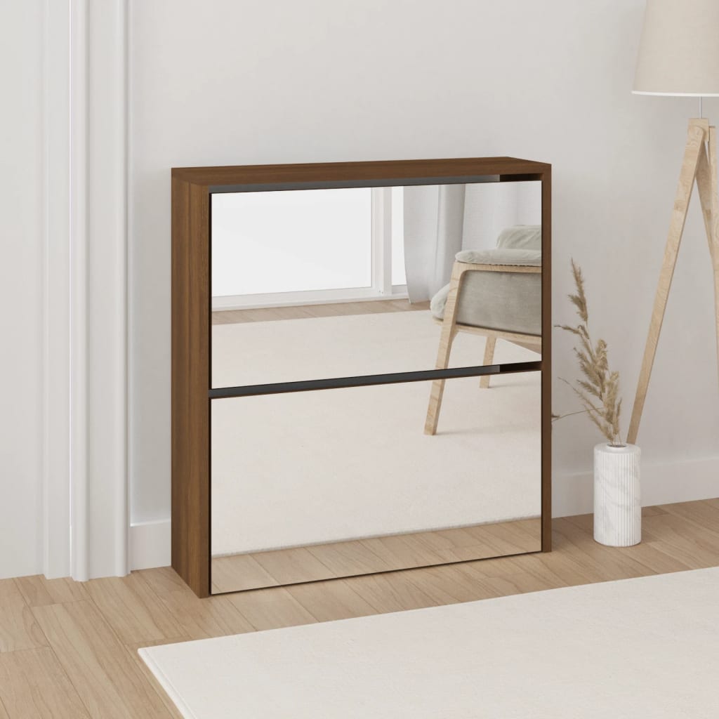 Shoe Cabinet Natural Solid Pine & Glass Medium 2 Drop-Down Drawers