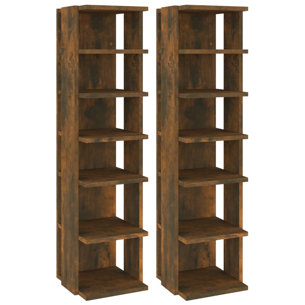 Set of 2 10" Narrow & Tall Smoked Oak Shoe Cabinet With 6 Tiers