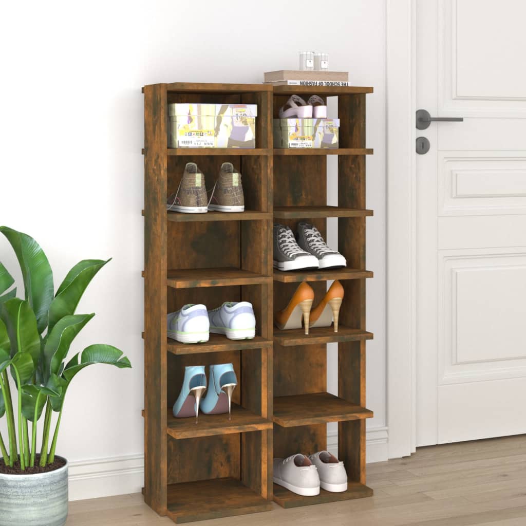 Set of 2 10" Narrow & Tall Smoked Oak Shoe Cabinet With 6 Tiers