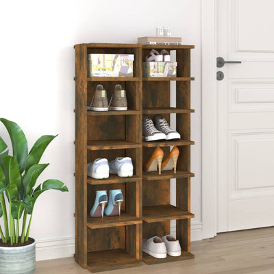 Set of 2 10" Narrow & Tall Smoked Oak Shoe Cabinet With 6 Tiers