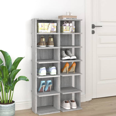 Set of 2 10" Narrow & Tall Smoked Oak Shoe Cabinet With 6 Tiers