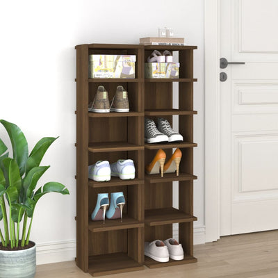 Set of 2 10" Narrow & Tall Smoked Oak Shoe Cabinet With 6 Tiers