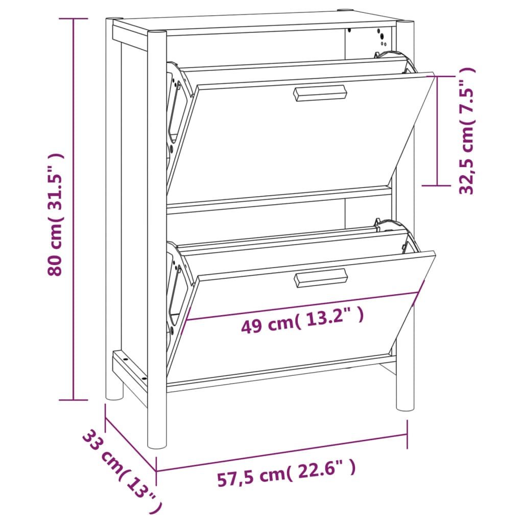 Shoe Cabinet Natural Solid Pine Medium 2 Drop-Down Drawers
