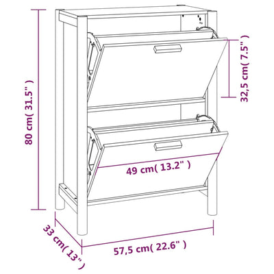 Shoe Cabinet Natural Solid Pine Medium 2 Drop-Down Drawers