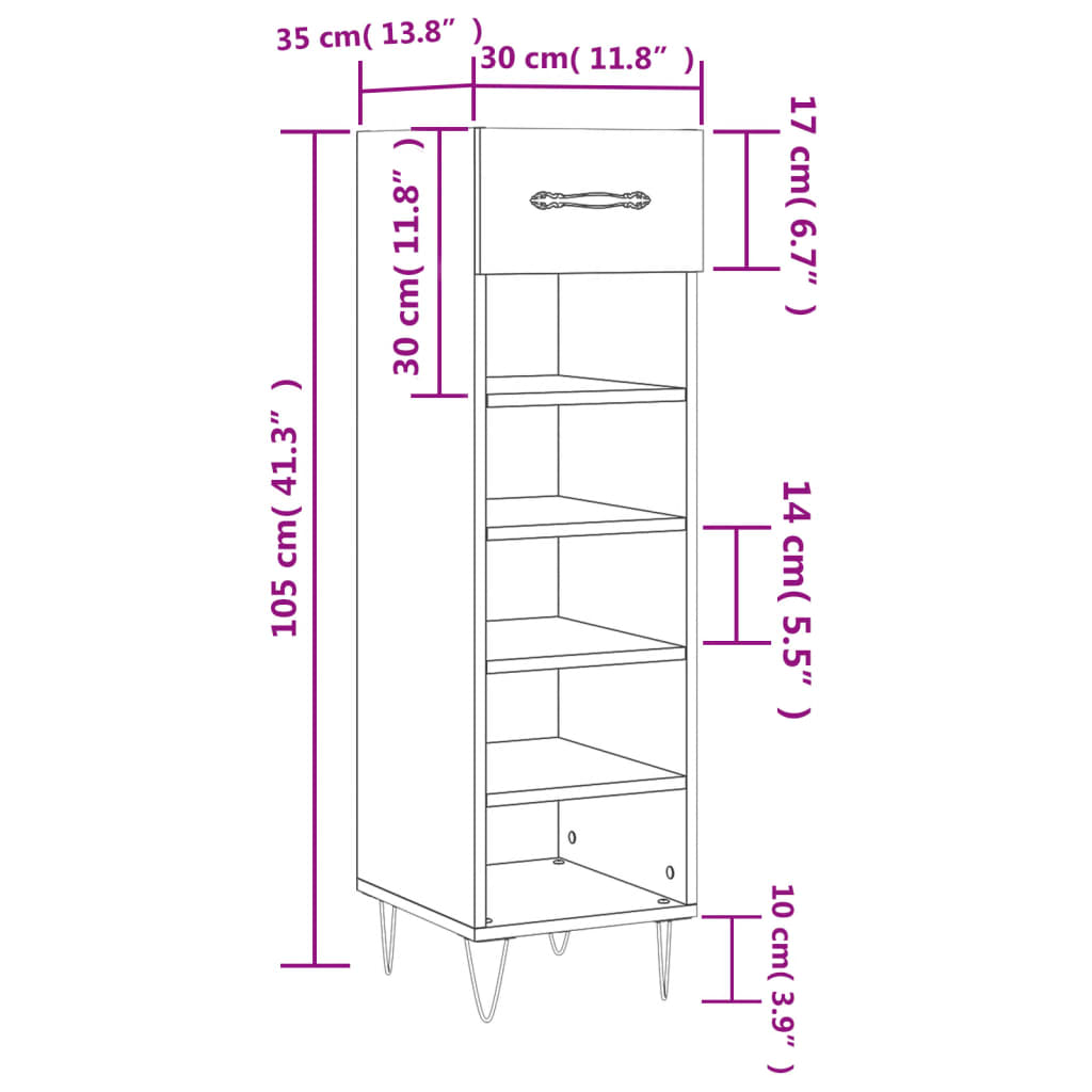 Luxo Shoe Cabinet Solid Oak 5 Compartments Tall & Skinny & Metal Feet