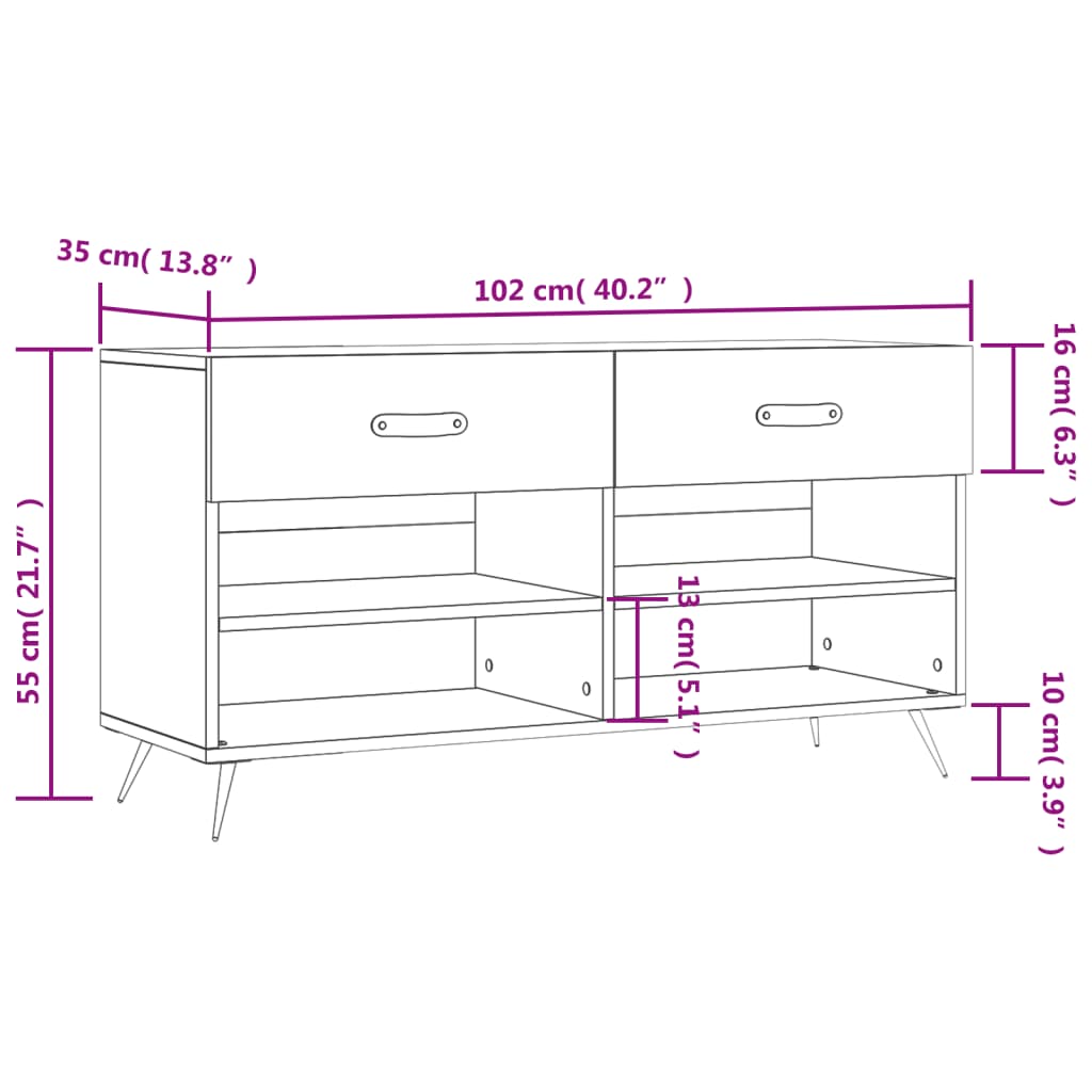 Luxo Shoe Cabinet Solid Oak 6 Compartments Rectangular & Metal Feet