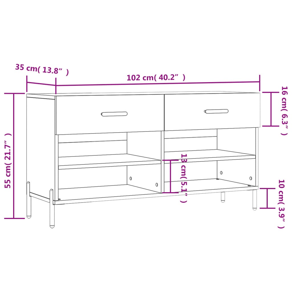 Luxo Shoe Cabinet Solid Oak 6 Compartments Rectangular & Metal Feet