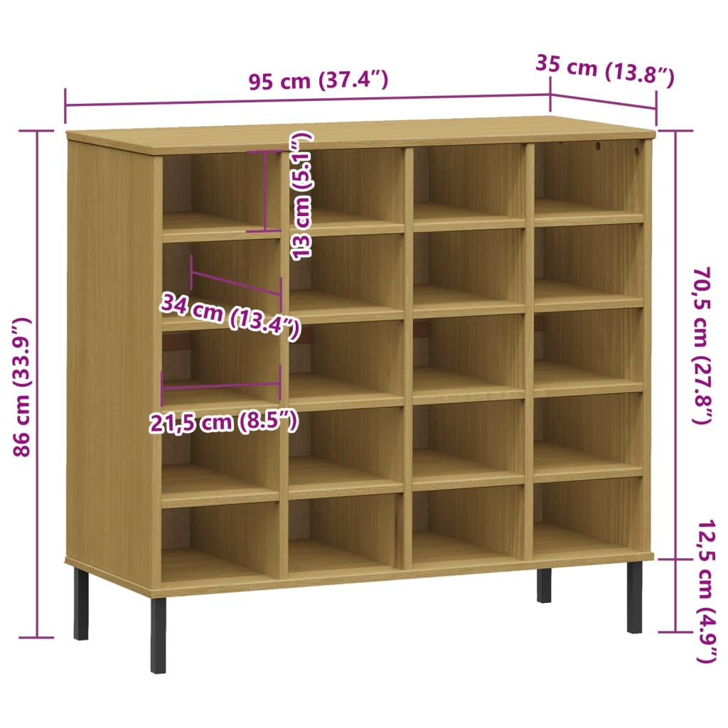 Shoe Rack Solid Pine & Metal Rectangular 20 Compartments Large