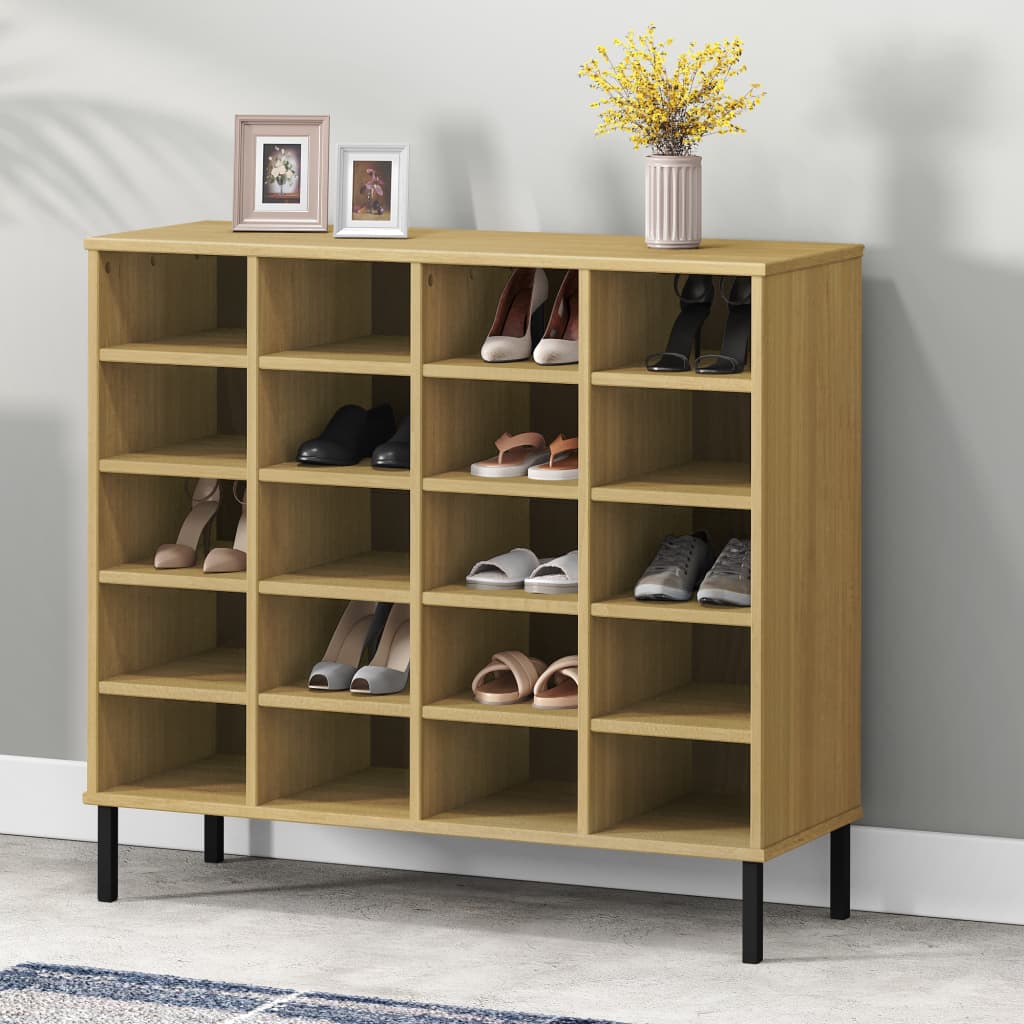 Shoe Rack Solid Pine & Metal Rectangular 20 Compartments Large