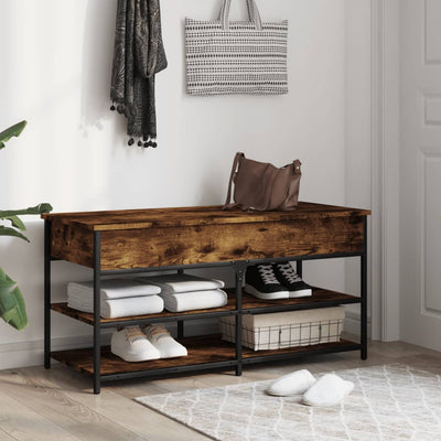39" Industrial Oak & Metal Shoe Bench With 2 Tiers & 1 Large Lift Top Drawer
