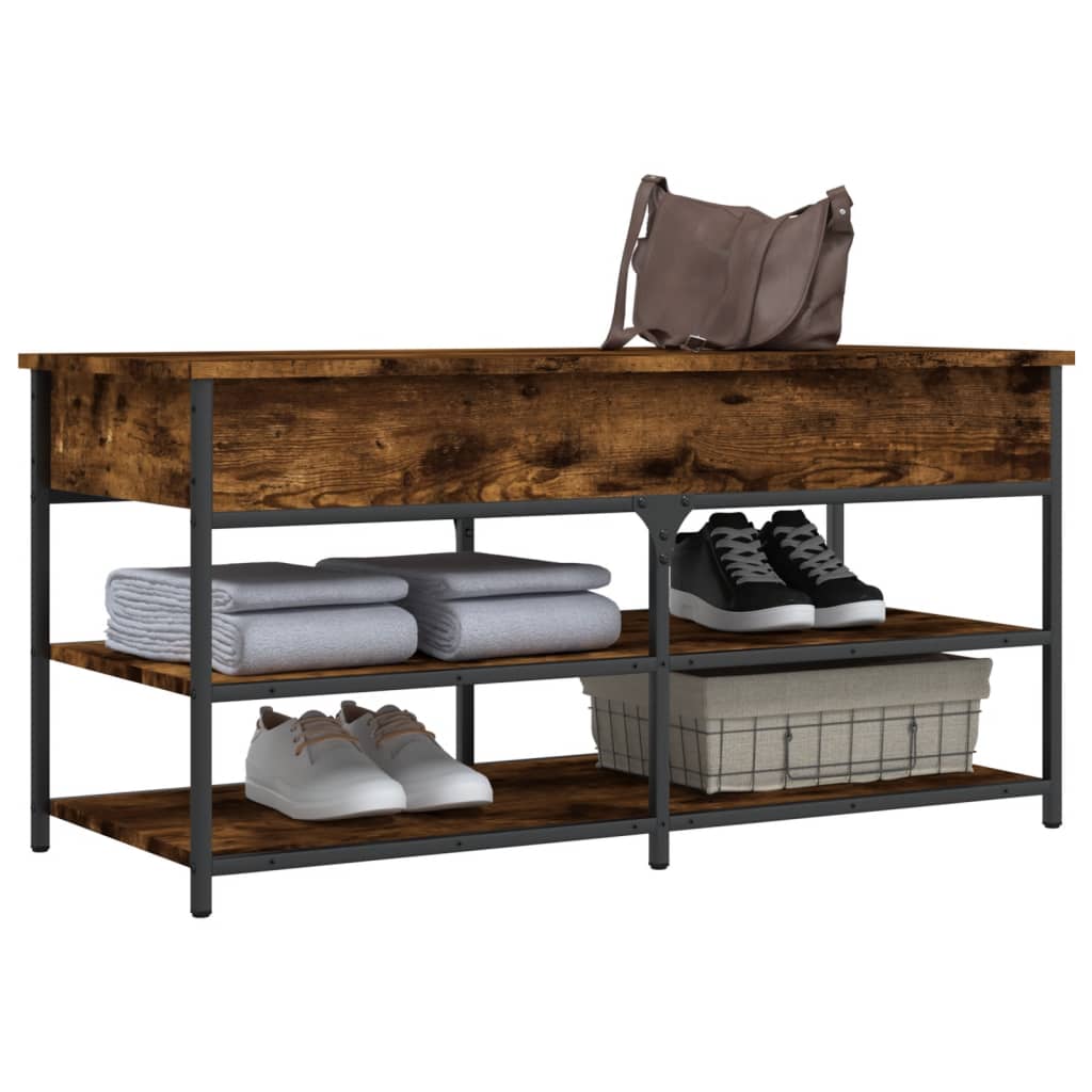 39" Industrial Oak & Metal Shoe Bench With 2 Tiers & 1 Large Lift Top Drawer