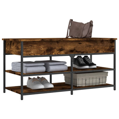 39" Industrial Oak & Metal Shoe Bench With 2 Tiers & 1 Large Lift Top Drawer