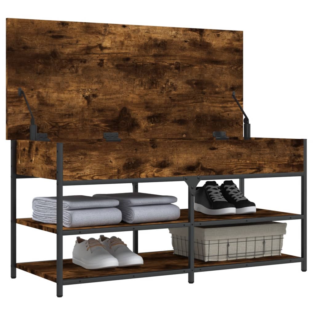 39" Industrial Oak & Metal Shoe Bench With 2 Tiers & 1 Large Lift Top Drawer