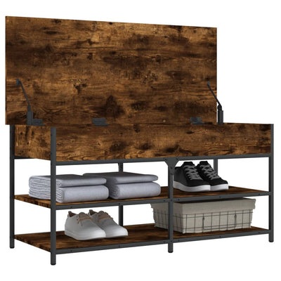 39" Industrial Oak & Metal Shoe Bench With 2 Tiers & 1 Large Lift Top Drawer