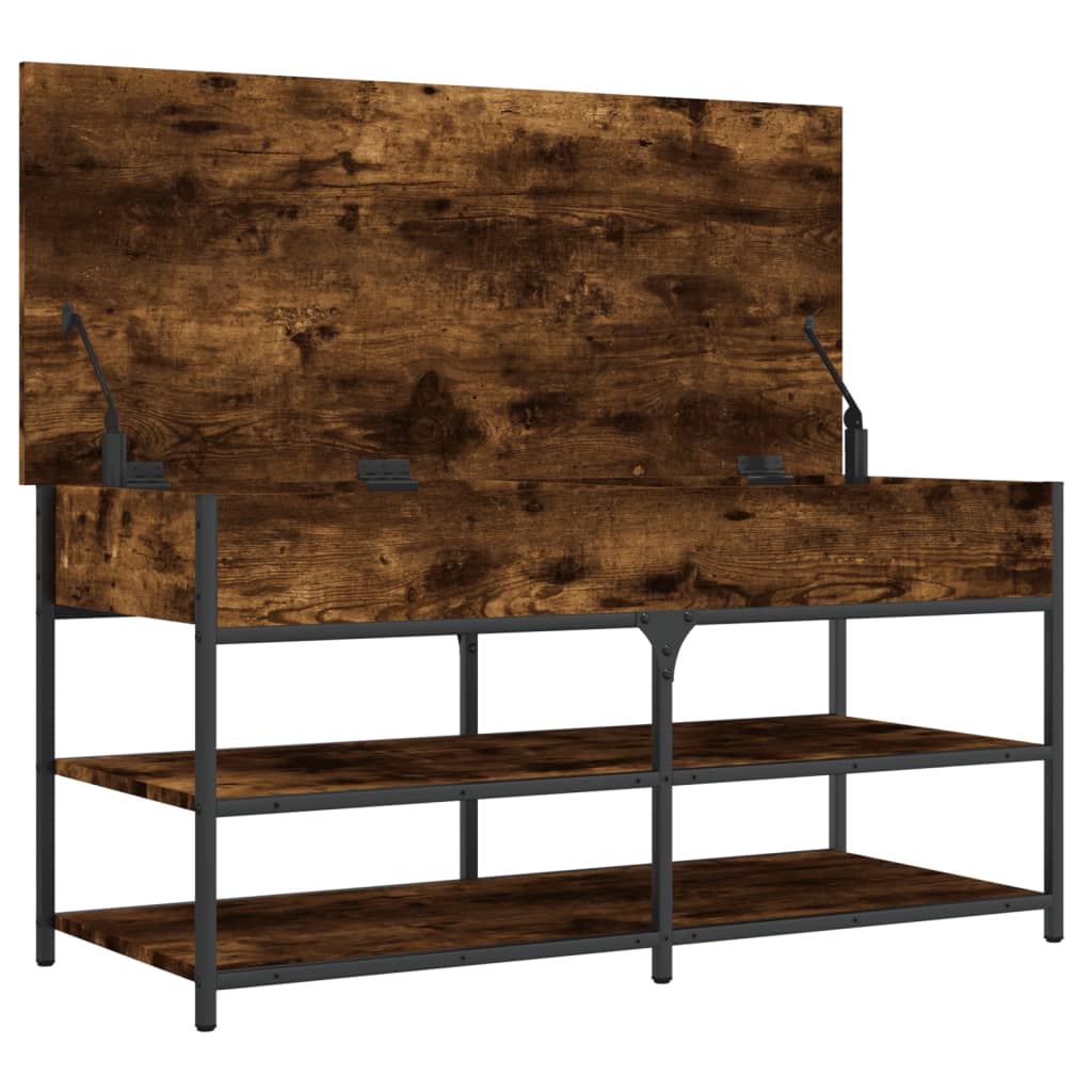 39" Industrial Oak & Metal Shoe Bench With 2 Tiers & 1 Large Lift Top Drawer