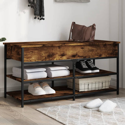 39" Industrial Oak & Metal Shoe Bench With 2 Tiers & 1 Large Lift Top Drawer