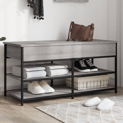 39" Industrial Oak & Metal Shoe Bench With 2 Tiers & 1 Large Lift Top Drawer