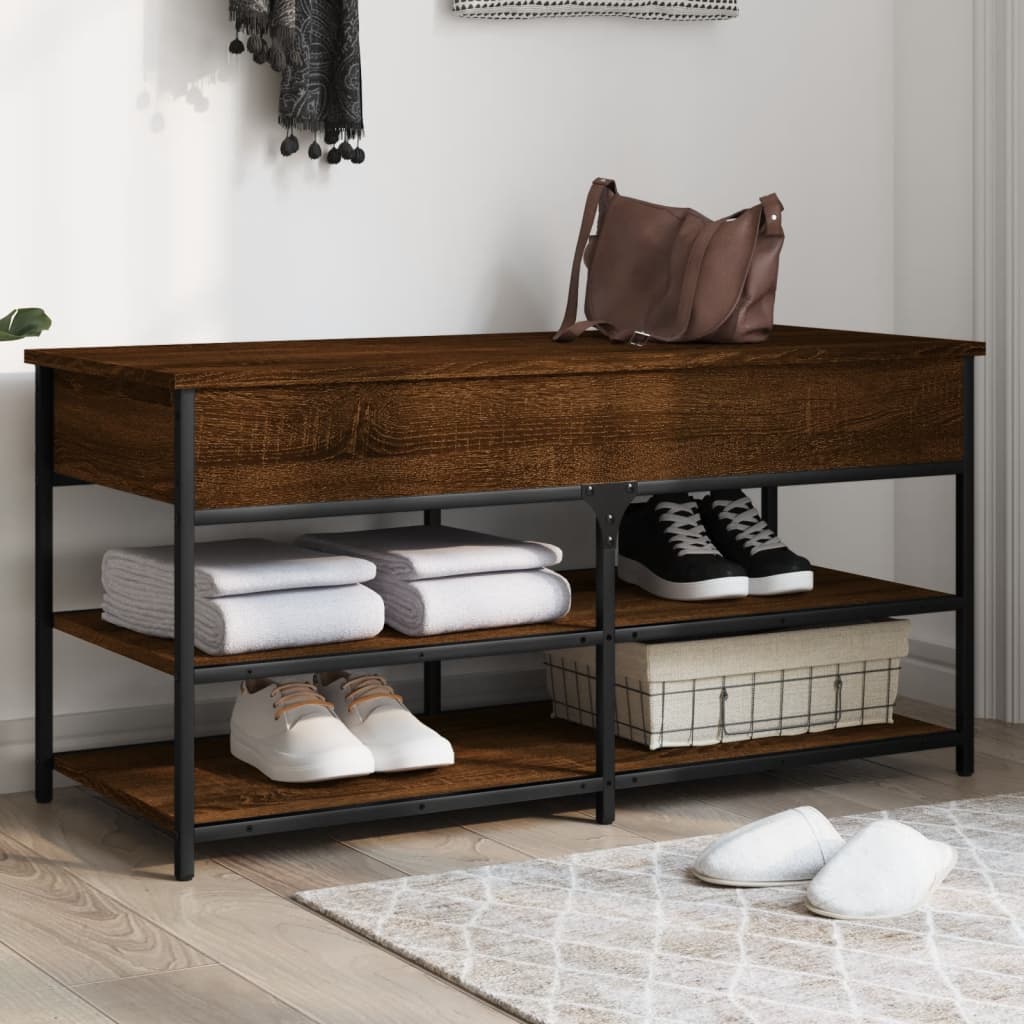 39" Industrial Oak & Metal Shoe Bench With 2 Tiers & 1 Large Lift Top Drawer