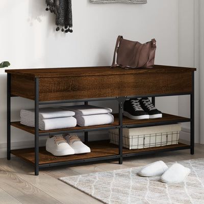 39" Industrial Oak & Metal Shoe Bench With 2 Tiers & 1 Large Lift Top Drawer