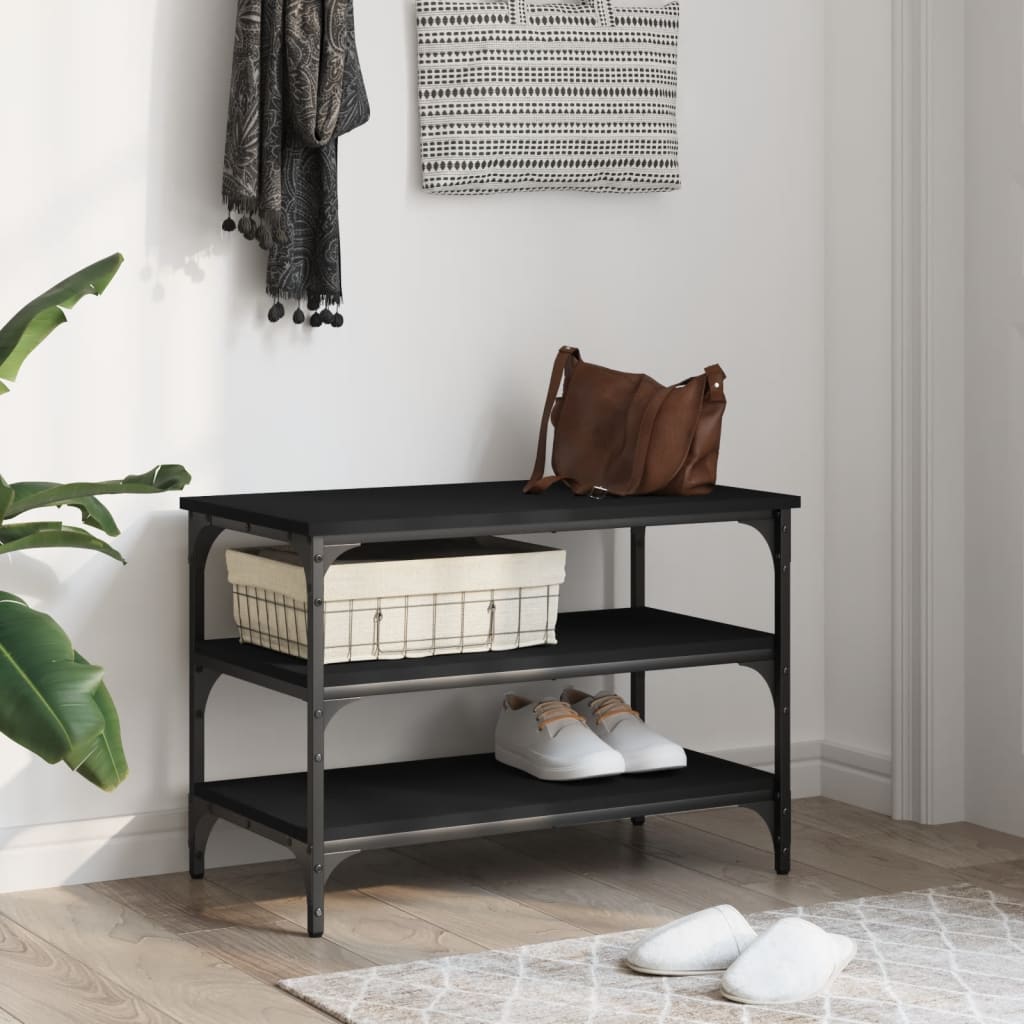 Shoe Bench Black Wood Deep & Wide 3 Compartments