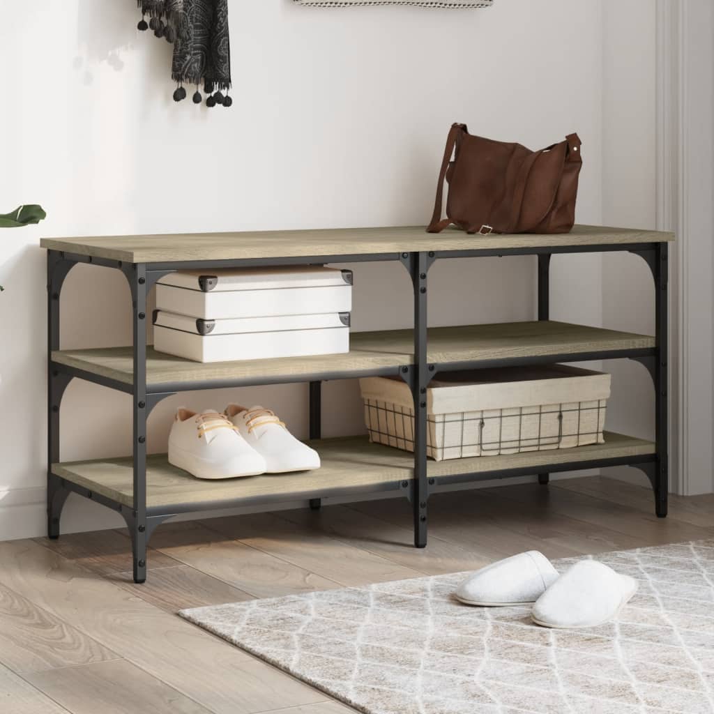 Tone Shoe Bench Black Reclaimed Wood & Metal Adjustable Feet 3 Compartments