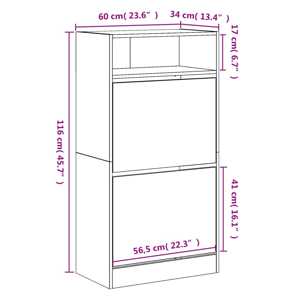 Shoe Cabinet Old, Hand-Finished Wood Tall 2 Drop-Down Drawers & 2 Compartments