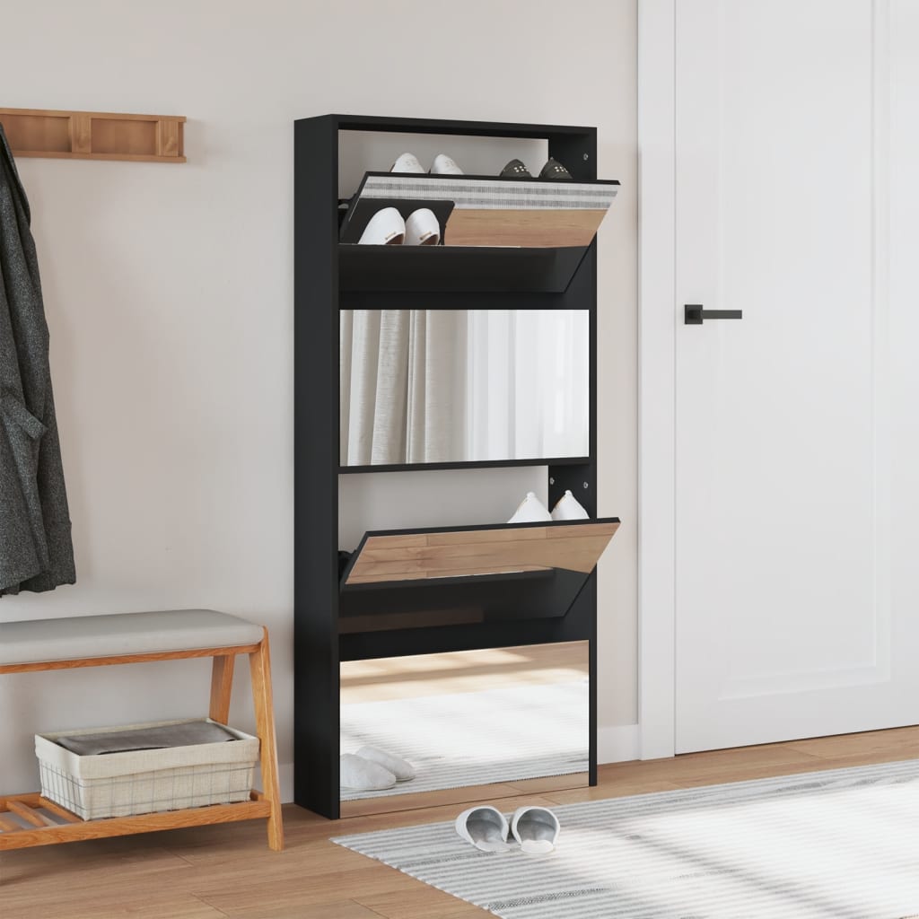 Shoe Cabinet Natural Solid Pine & Glass Tall 4 Drop-Down Drawers