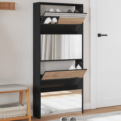 Shoe Cabinet Natural Solid Pine & Glass Tall 4 Drop-Down Drawers