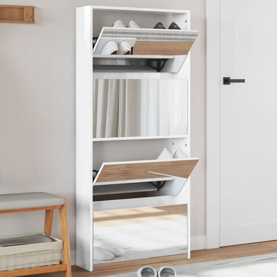 Shoe Cabinet Natural Solid Pine & Glass Tall 4 Drop-Down Drawers