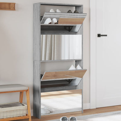 Shoe Cabinet Natural Solid Pine & Glass Tall 4 Drop-Down Drawers