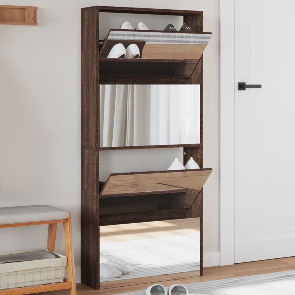 Shoe Cabinet Natural Solid Pine & Glass Tall 4 Drop-Down Drawers