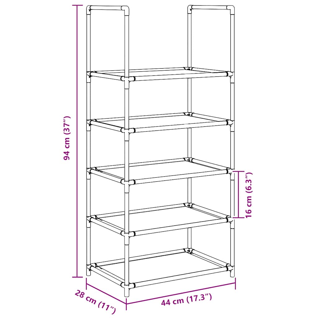 Shoe Rack 5-Tier Black Non-Woven Fabric with Powder-Coated Steel