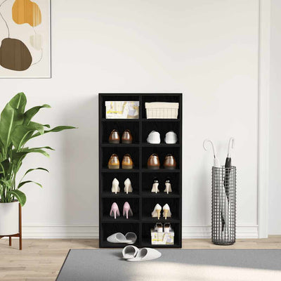 Shoe Rack Black Wood 3 Compartments Tall
