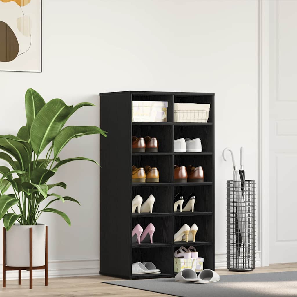 Shoe Rack Black Wood 3 Compartments Tall