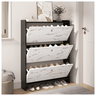 Modern 12 Pair 31" Marble Shoe Cabinet With 3 Flip Drawers