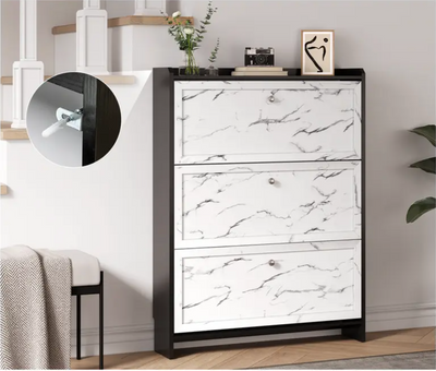 Modern 12 Pair 31" Marble Shoe Cabinet With 3 Flip Drawers