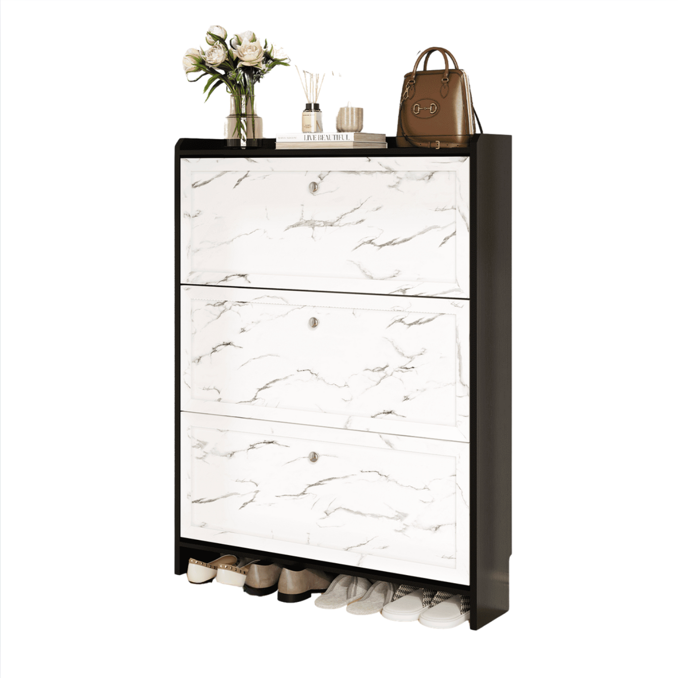 Modern 12 Pair 31" Marble Shoe Cabinet With 3 Flip Drawers