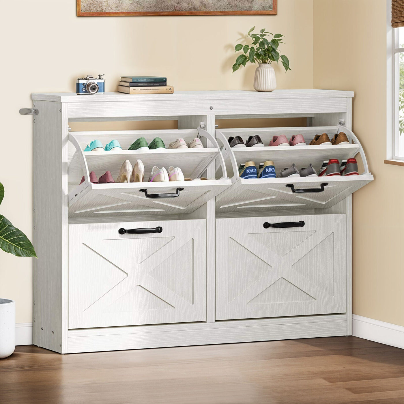 24 Pair Farmhouse Style 41" Pine Shoe Cabinet With 4 Flip Drawers