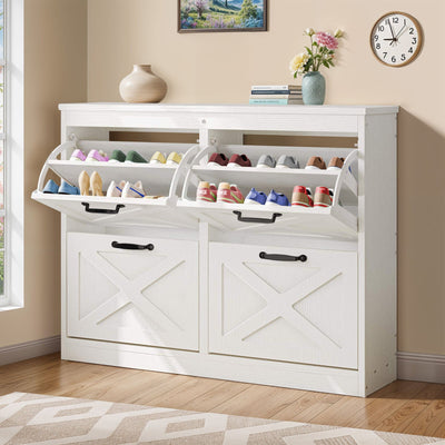 24 Pair Farmhouse Style 41" Pine Shoe Cabinet With 4 Flip Drawers